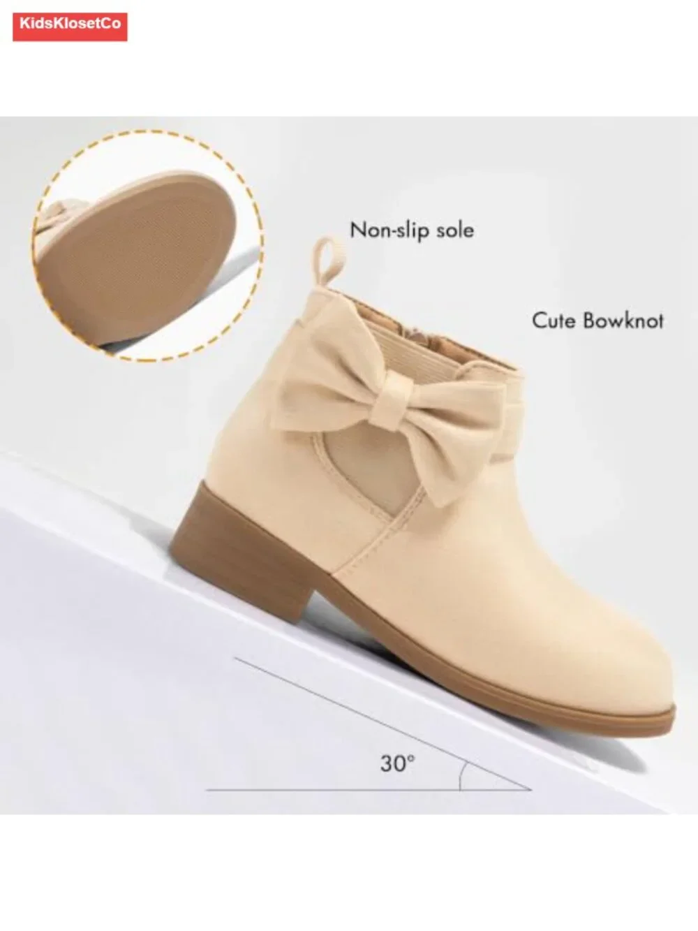 Girls Bow Ankle Boots Faux Suede Chunky Low Heel Chelsea Zipper Booties